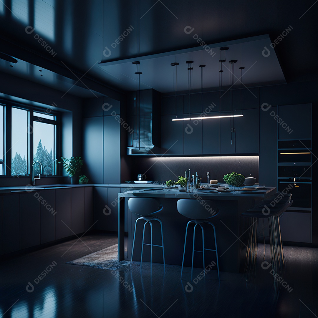 Retrato de cozinha escura decorada