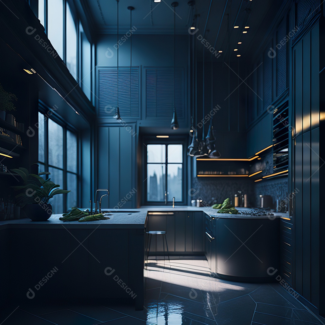 Retrato de cozinha escura decorada