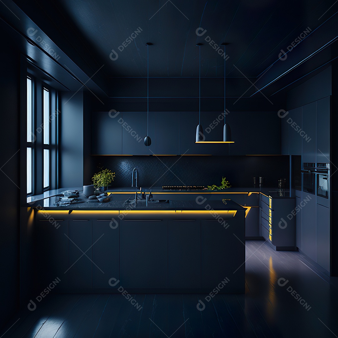 Retrato de cozinha escura decorada