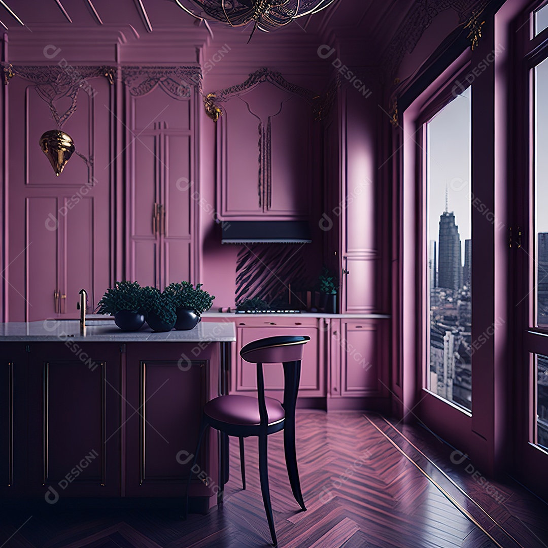 Retrato de cozinha rosa decorada