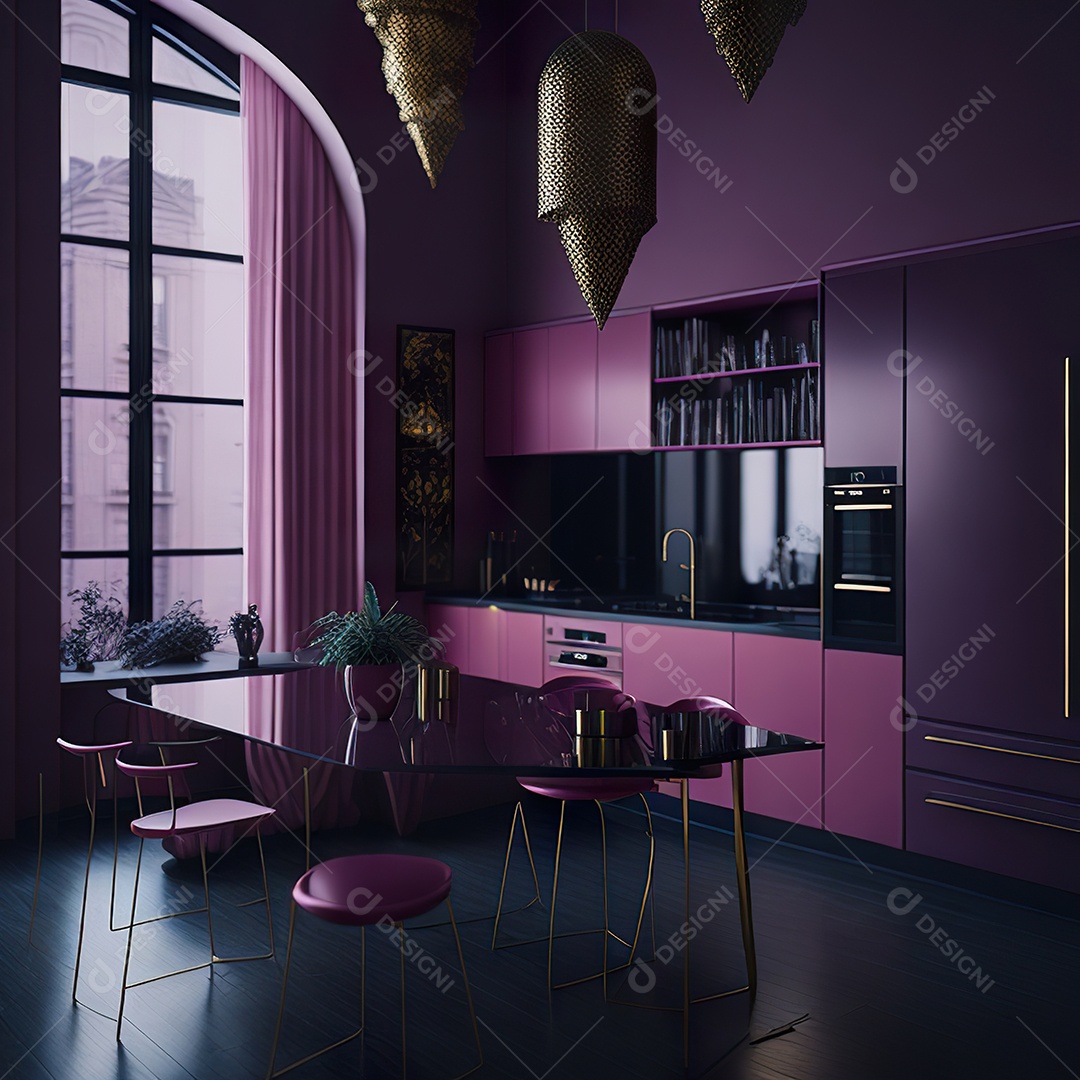 Retrato de cozinha rosa decorada