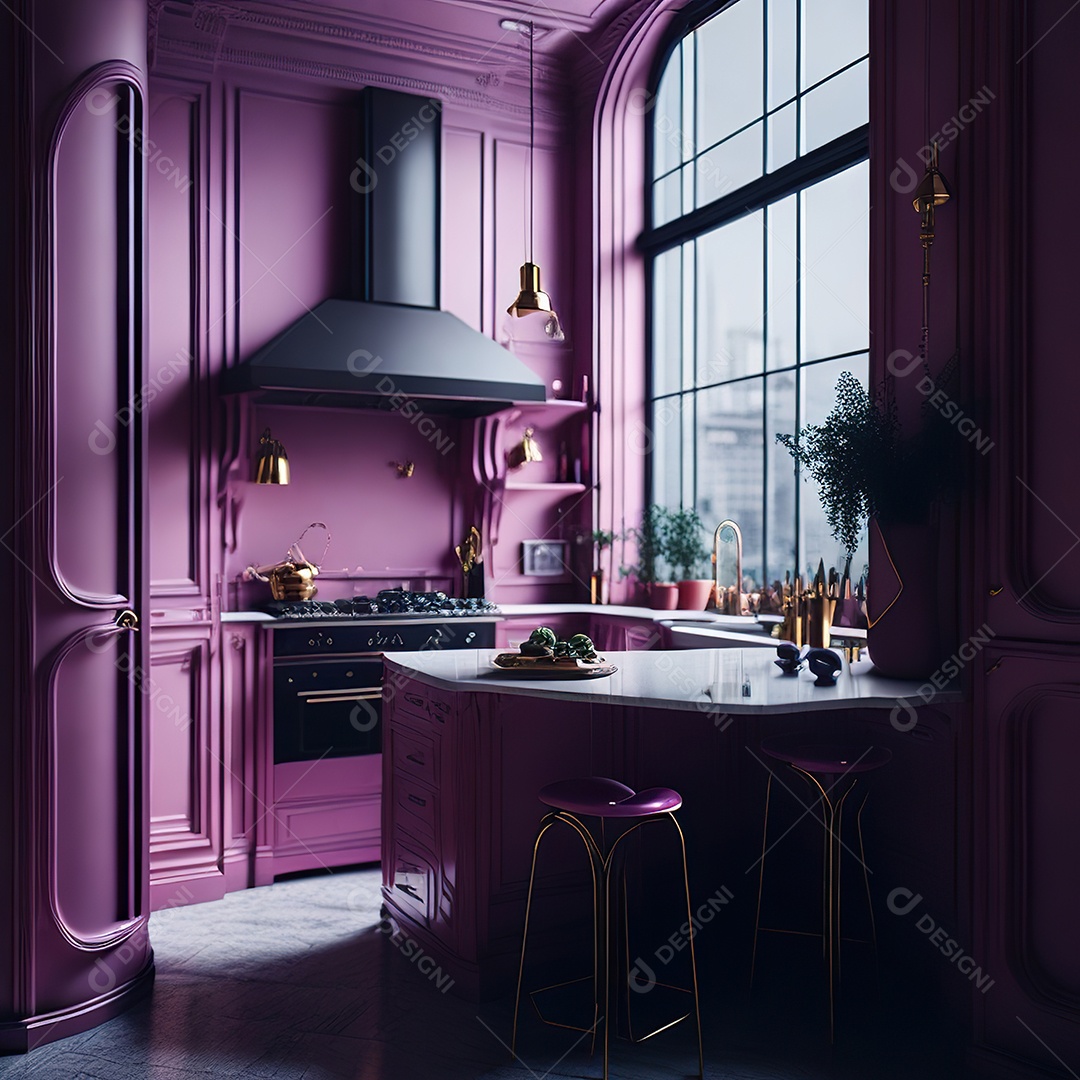 Retrato de cozinha rosa decorada