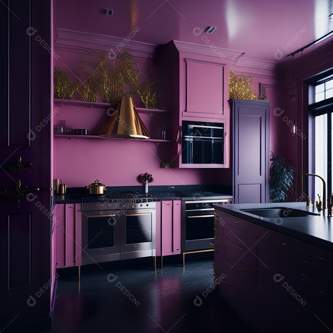 Retrato de cozinha rosa decorada