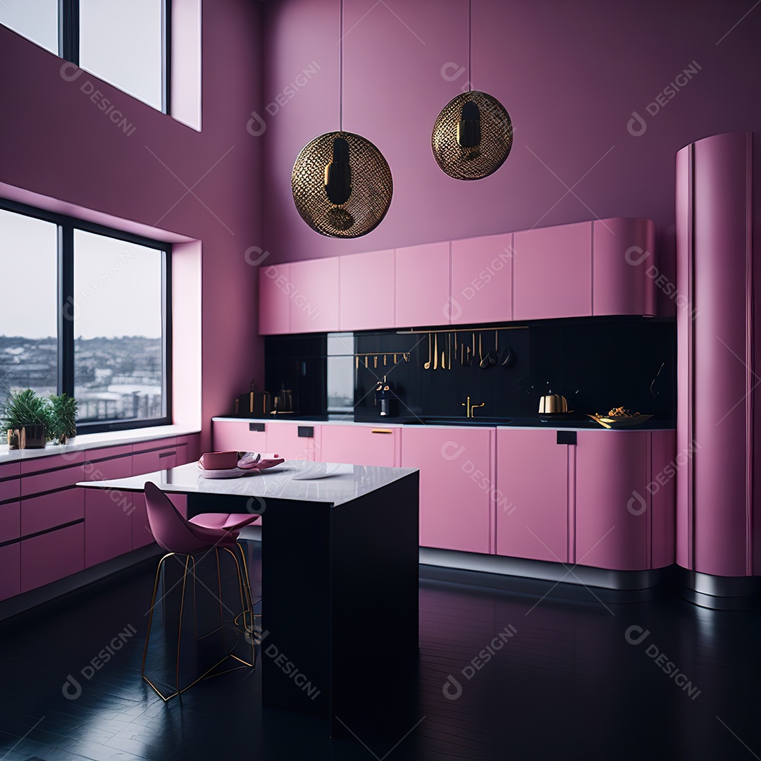 Retrato de cozinha rosa decorada