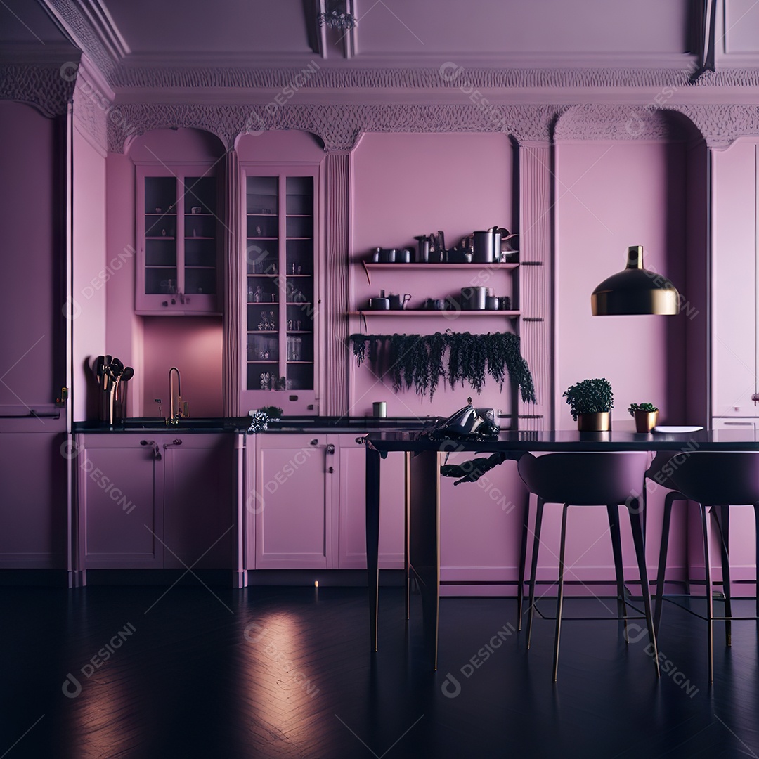 Retrato de cozinha rosa decorada