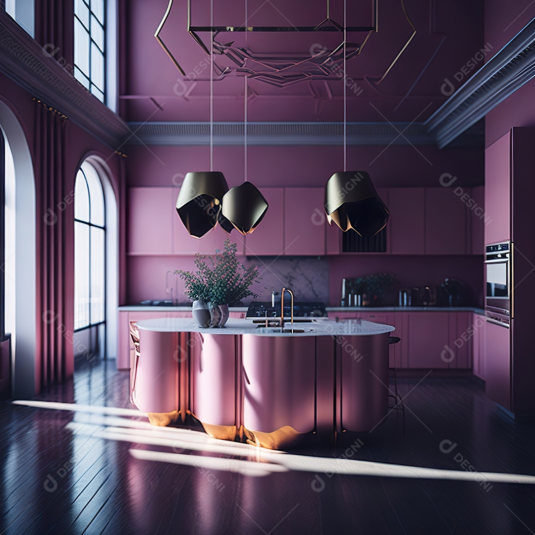 Retrato de cozinha rosa decorada