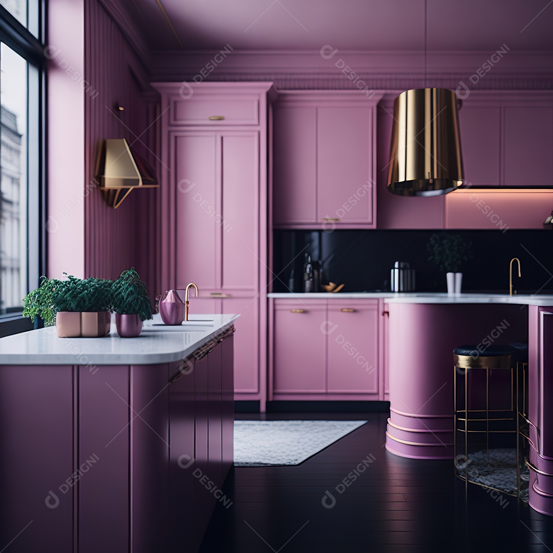 Retrato de cozinha rosa decorada