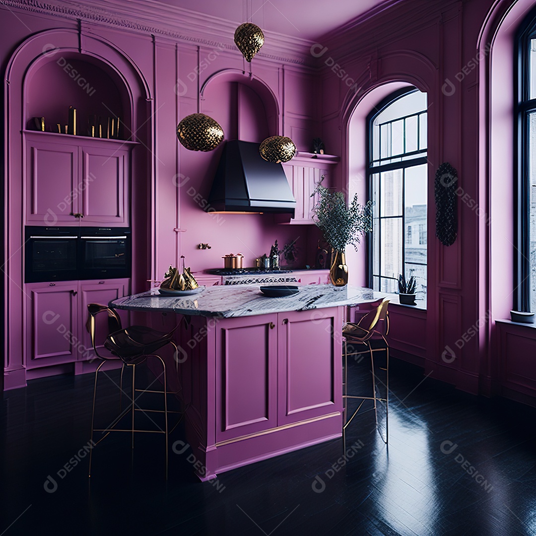 Retrato de cozinha rosa decorada