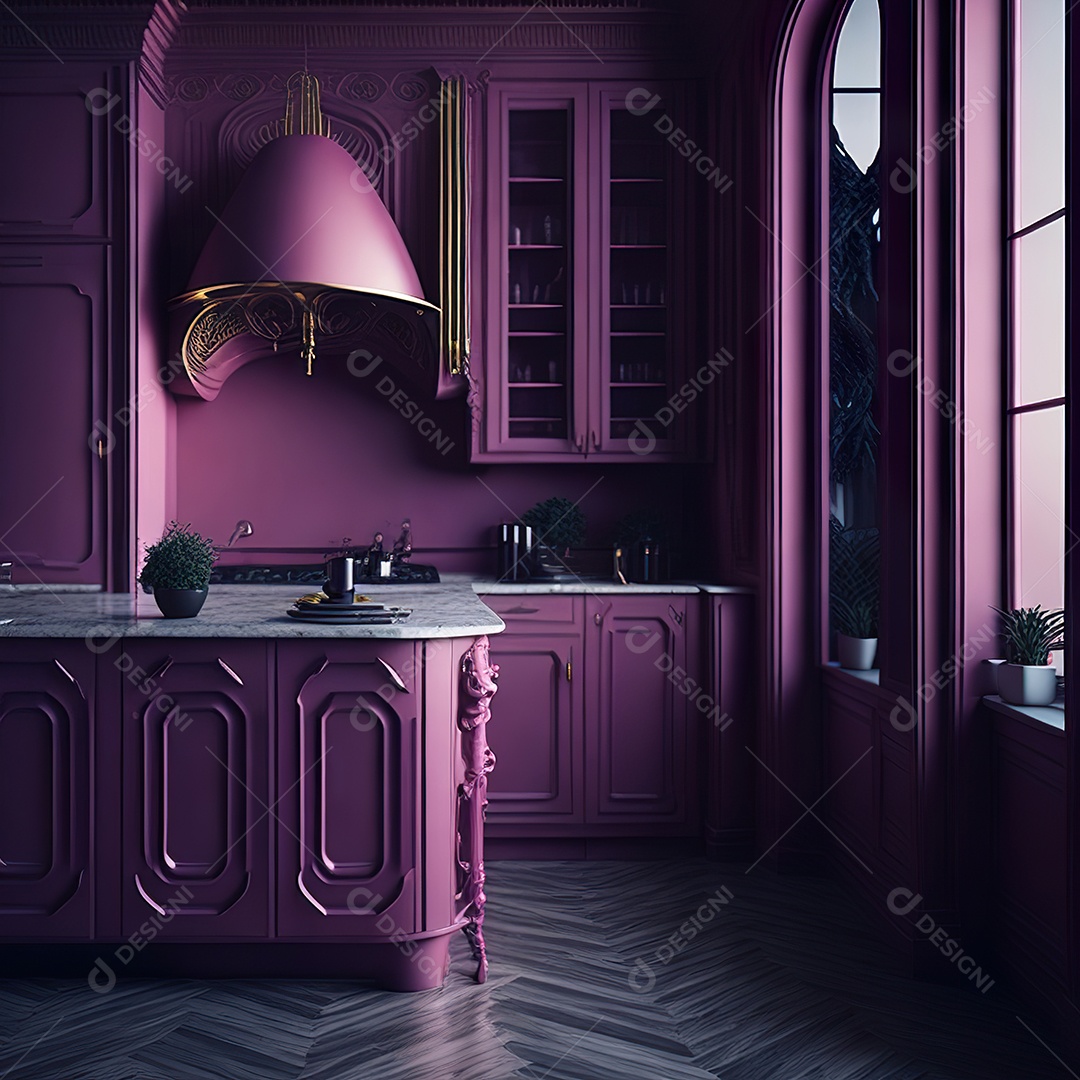 Retrato de cozinha rosa decorada