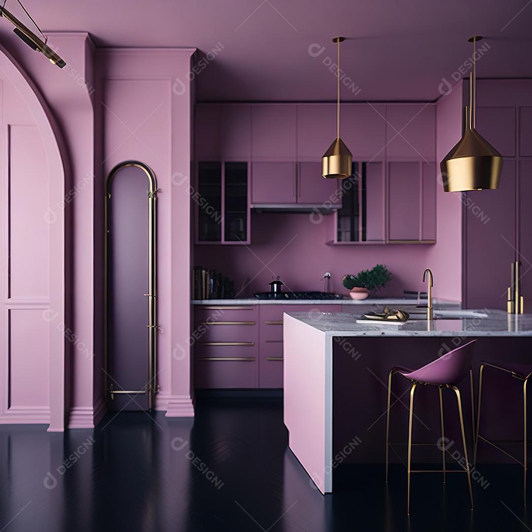 Retrato de cozinha rosa decorada