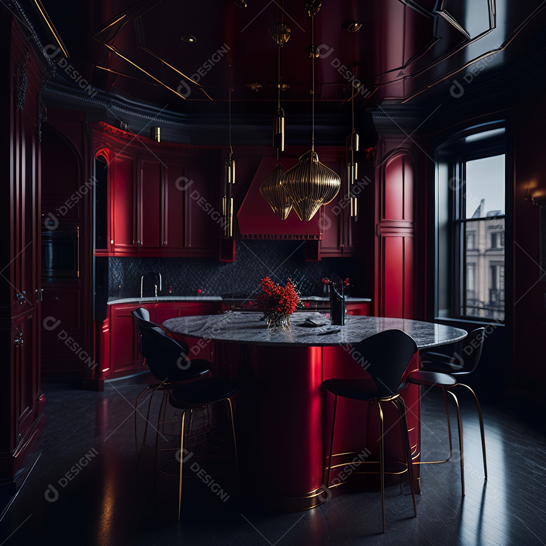 Retrato de cozinha vermelha decorada