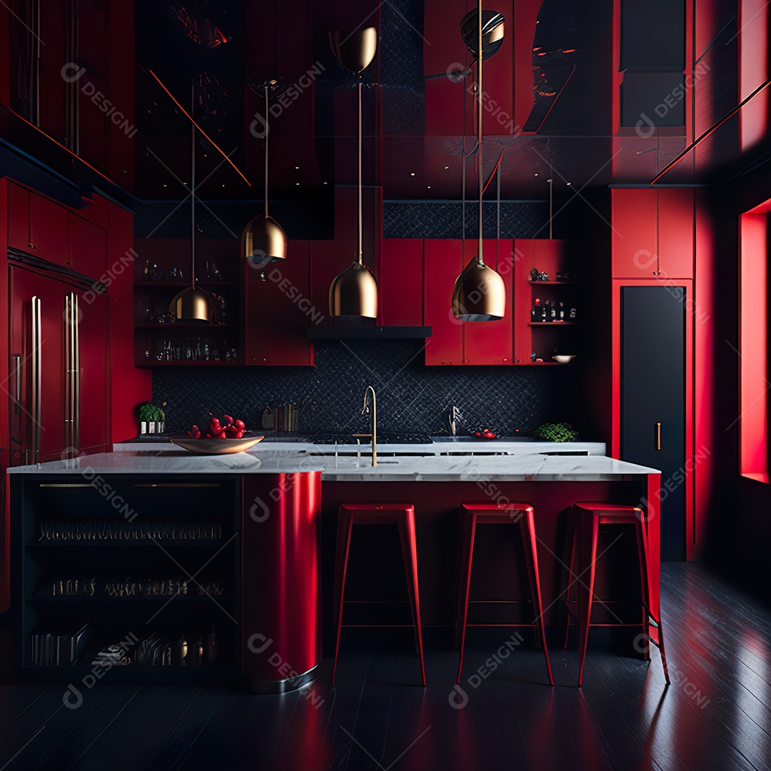 Retrato de cozinha vermelha decorada