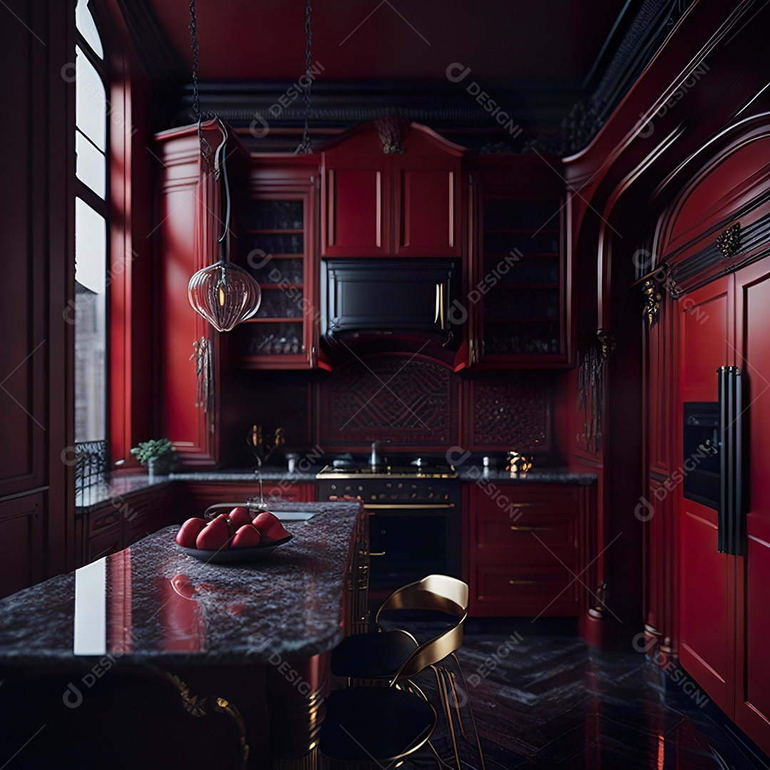 Retrato de cozinha vermelha decorada