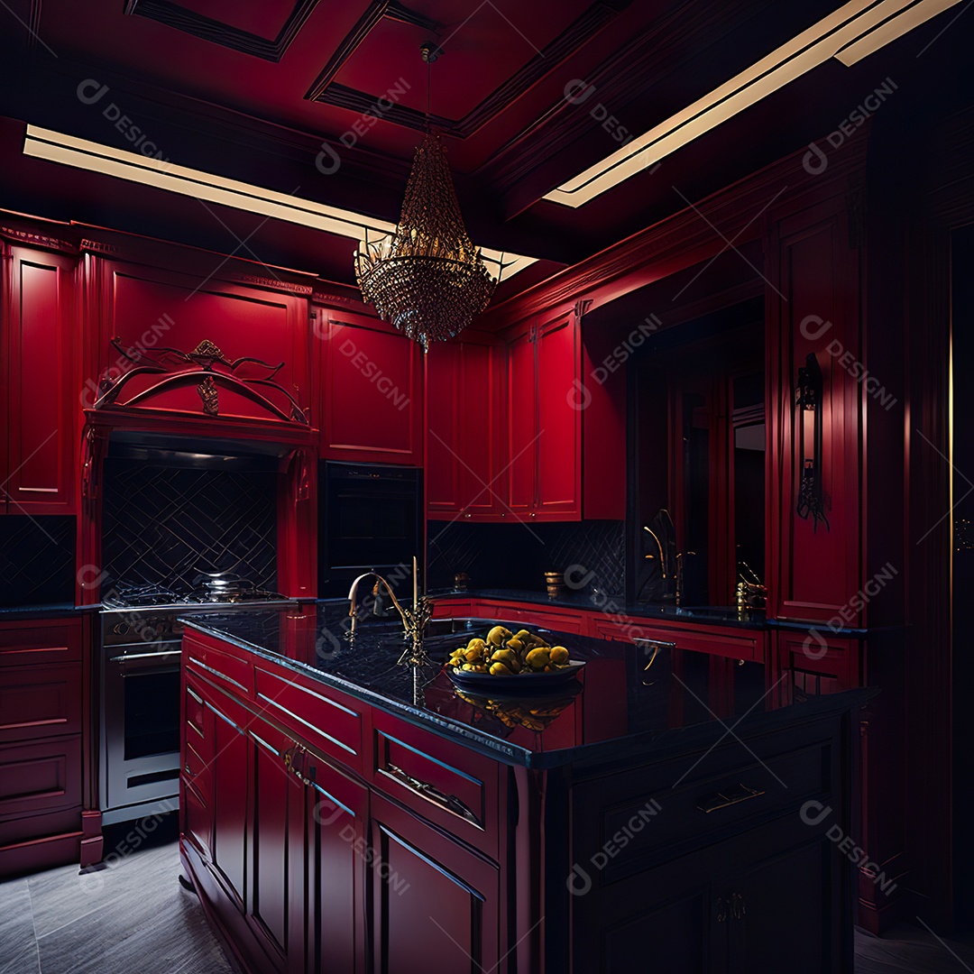 Retrato de cozinha vermelha decorada