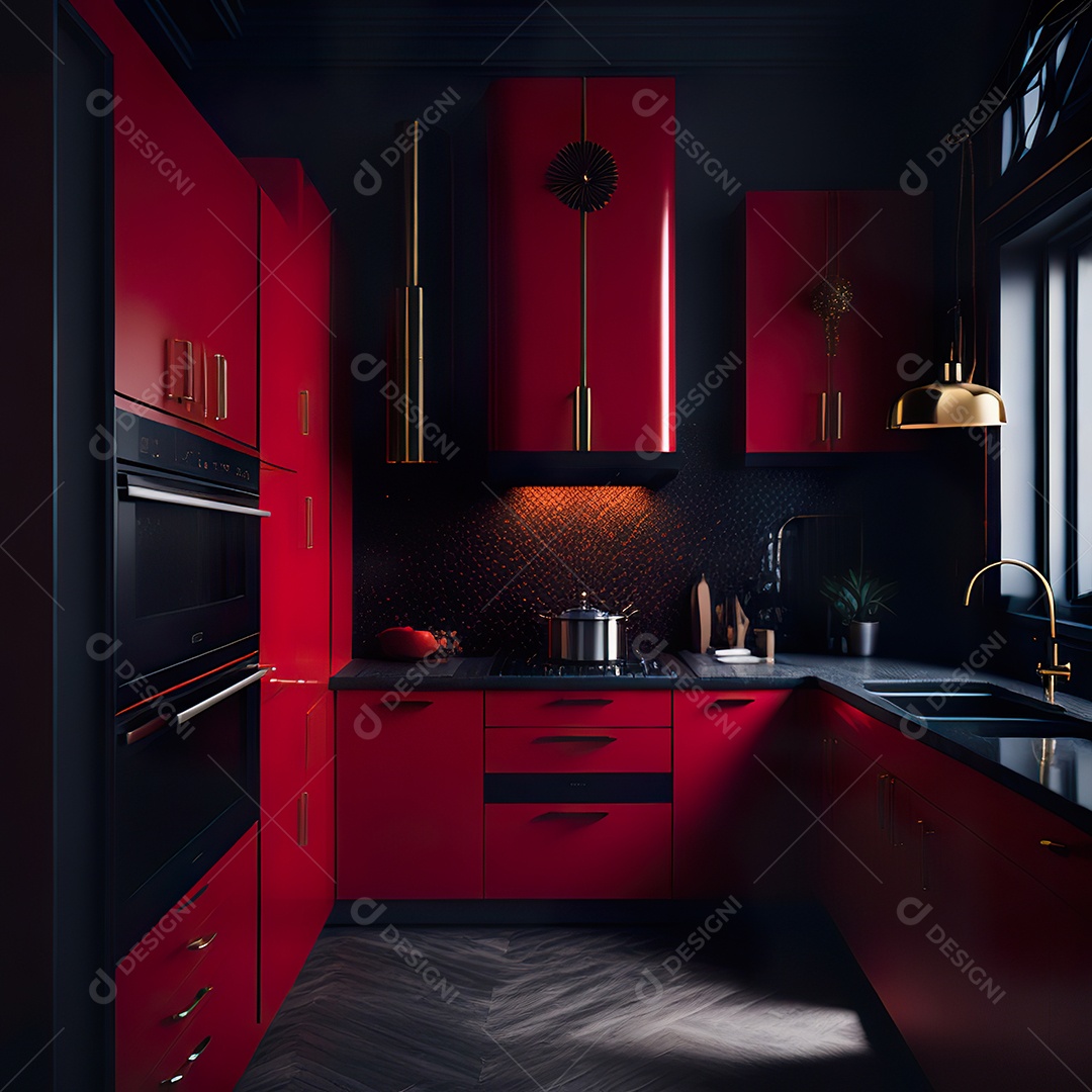 Retrato de cozinha vermelha decorada