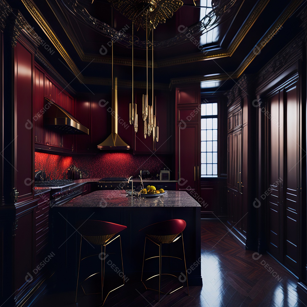 Retrato de cozinha vermelha decorada