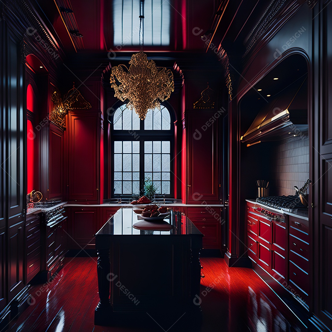 Retrato de cozinha vermelha decorada