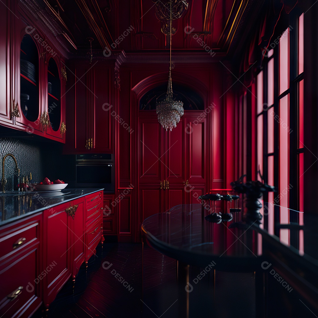 Retrato de cozinha vermelha decorada