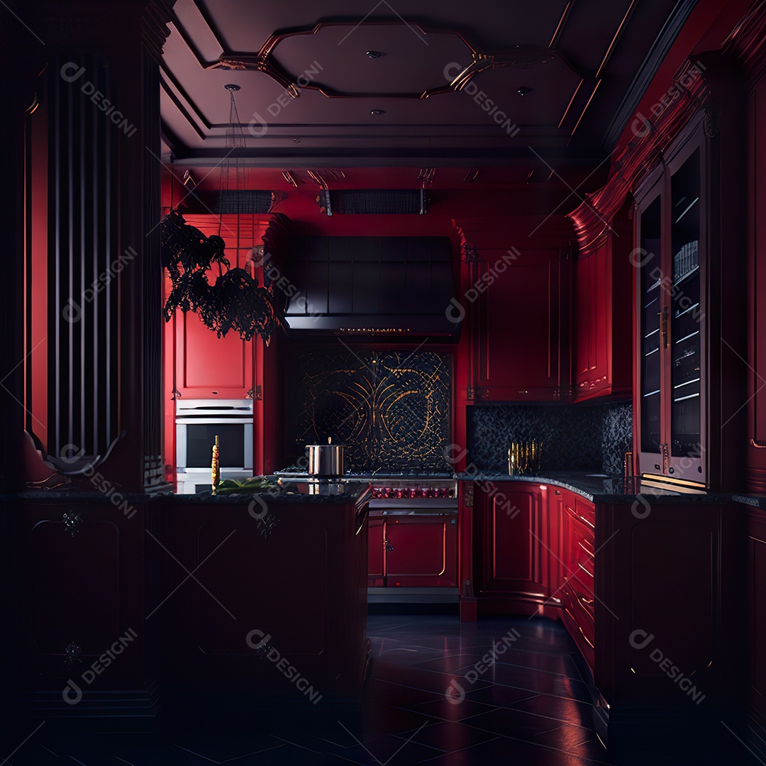 Retrato de cozinha vermelha decorada