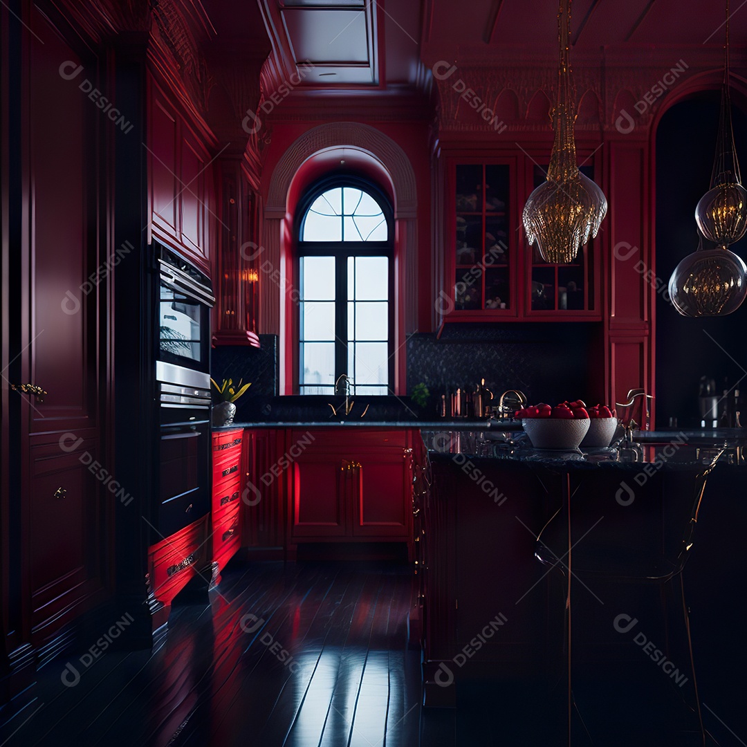 Retrato de cozinha vermelha decorada