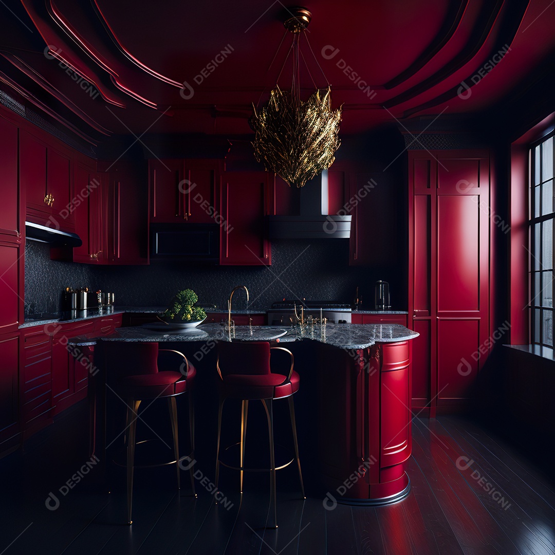 Retrato de cozinha vermelha decorada