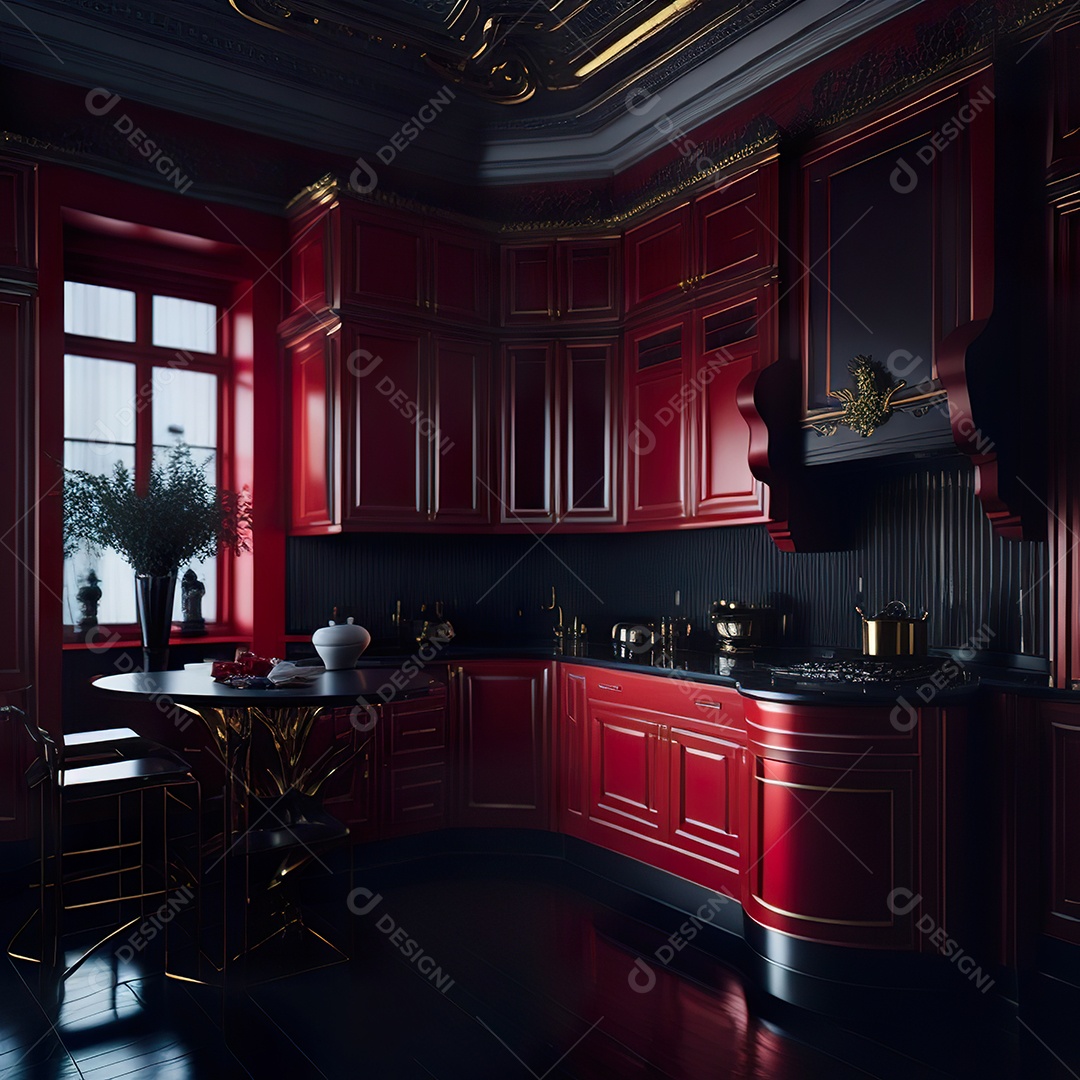 Retrato de cozinha vermelha decorada