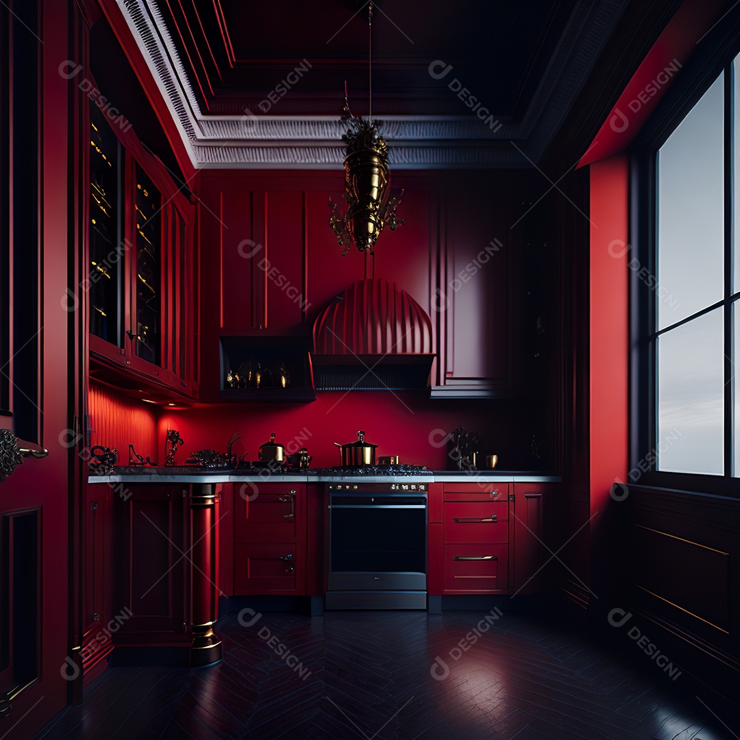 Retrato de cozinha vermelha decorada