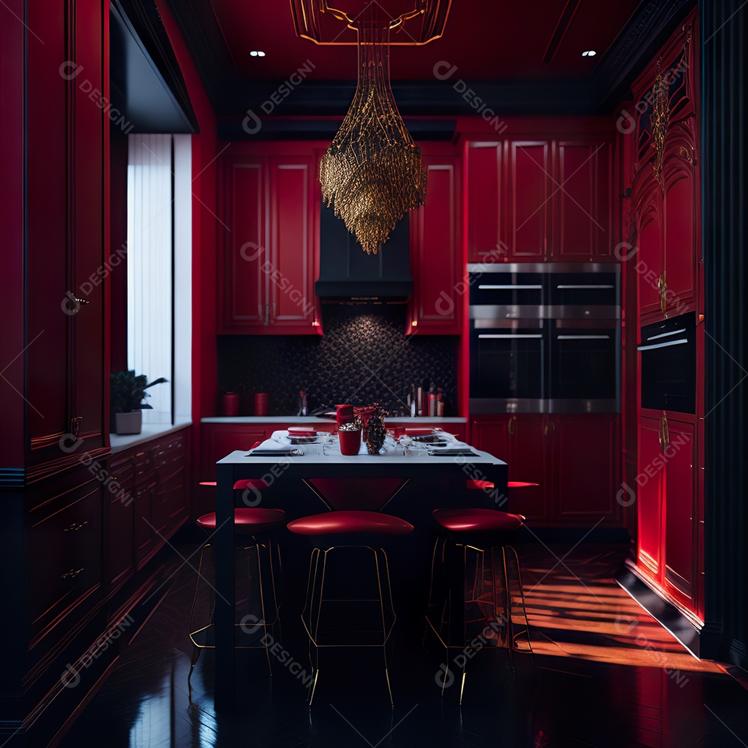 Retrato de cozinha vermelha decorada