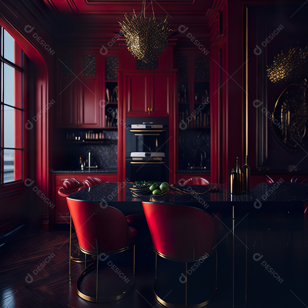 Retrato de cozinha vermelha decorada