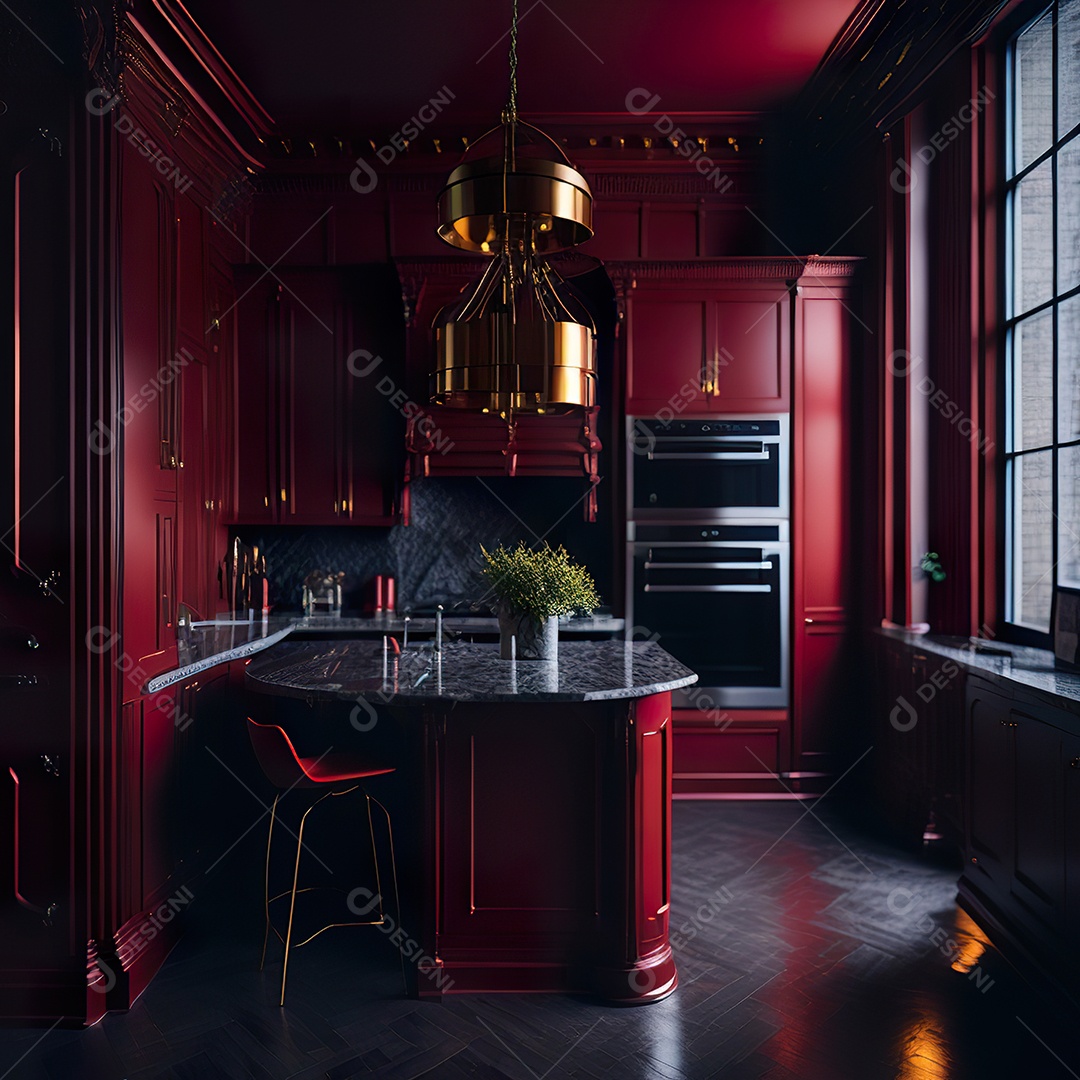 Retrato de cozinha vermelha decorada