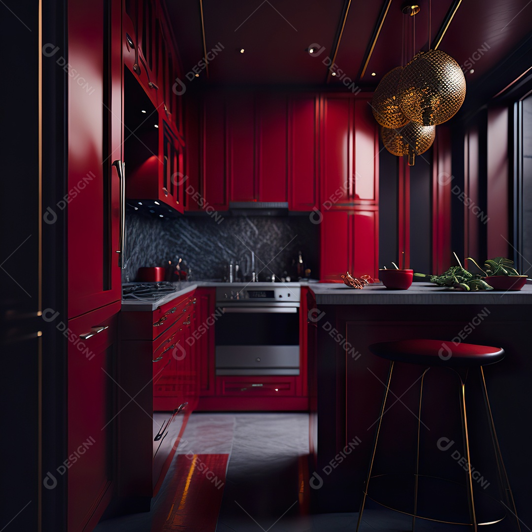 Retrato de cozinha vermelha decorada