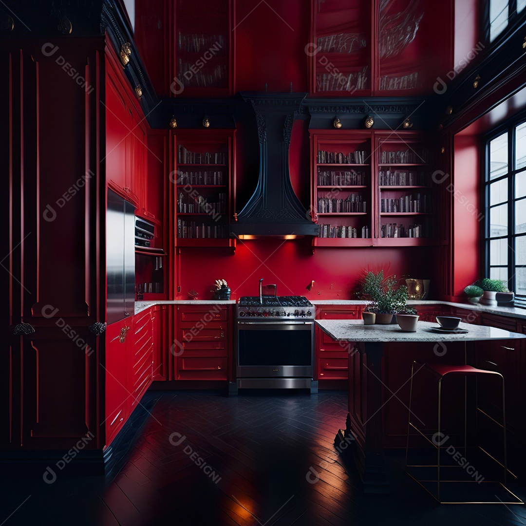 Retrato de cozinha vermelha decorada