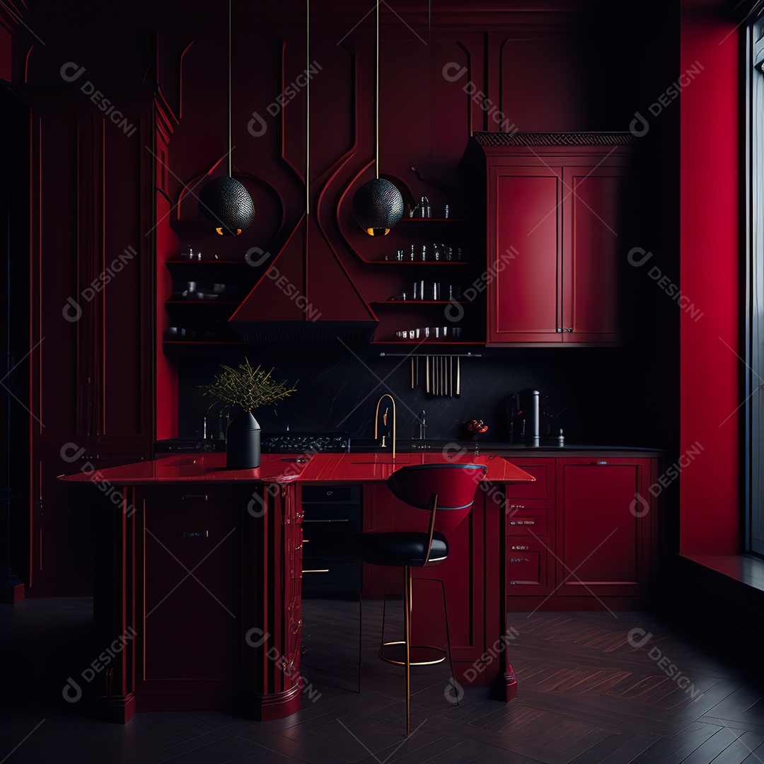 Retrato de cozinha vermelha decorada