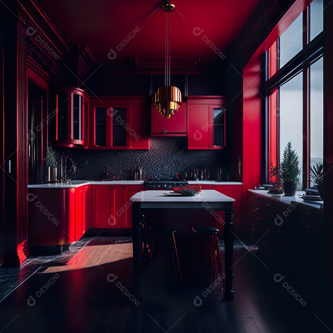 Retrato de cozinha vermelha decorada