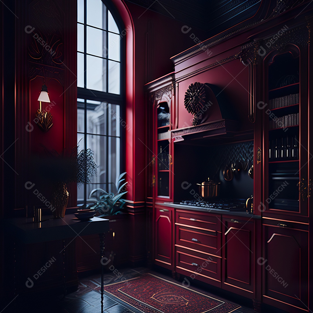 Retrato de cozinha vermelha decorada