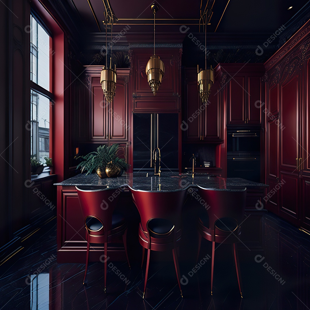 Retrato de cozinha vermelha decorada