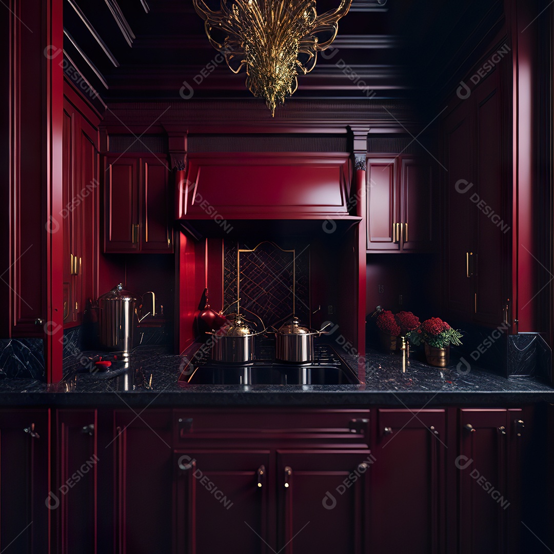 Retrato de cozinha vermelha decorada