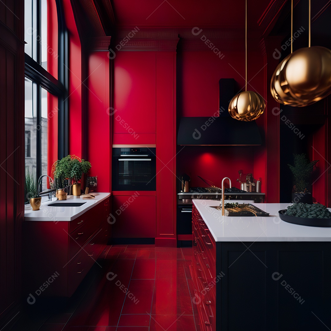 Retrato de cozinha vermelha decorada