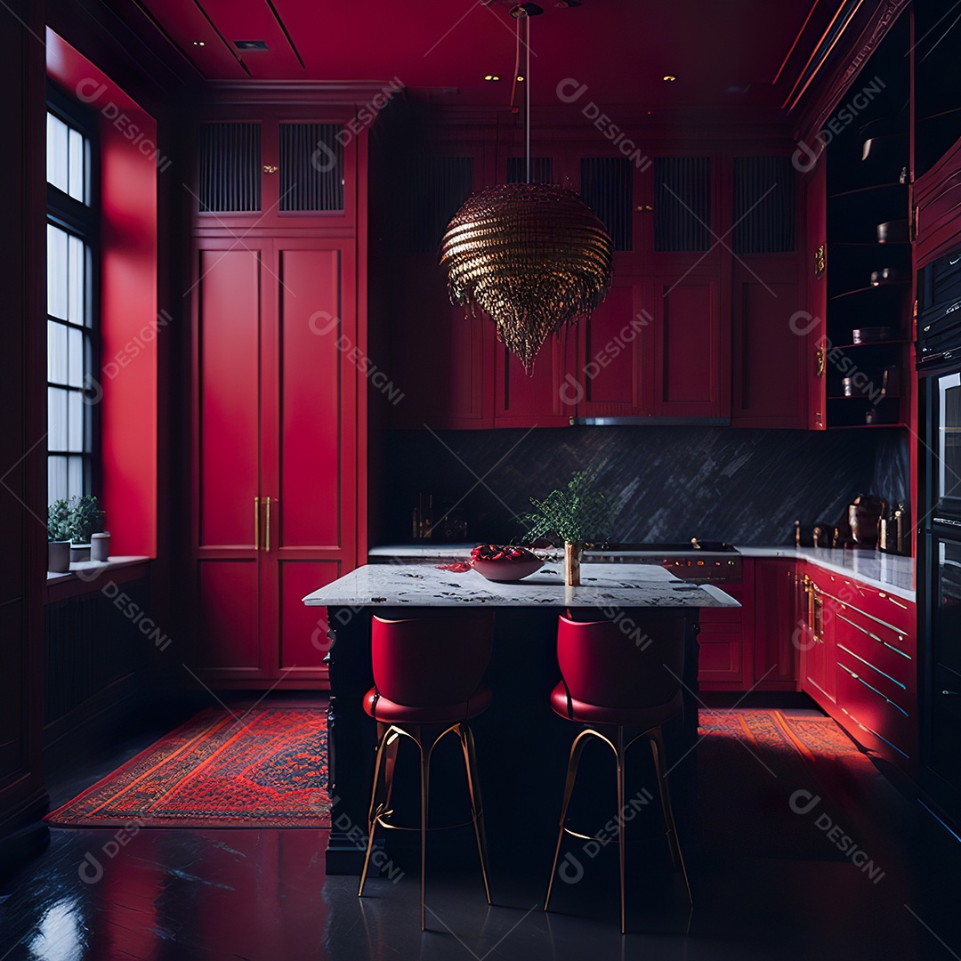 Retrato de cozinha vermelha decorada