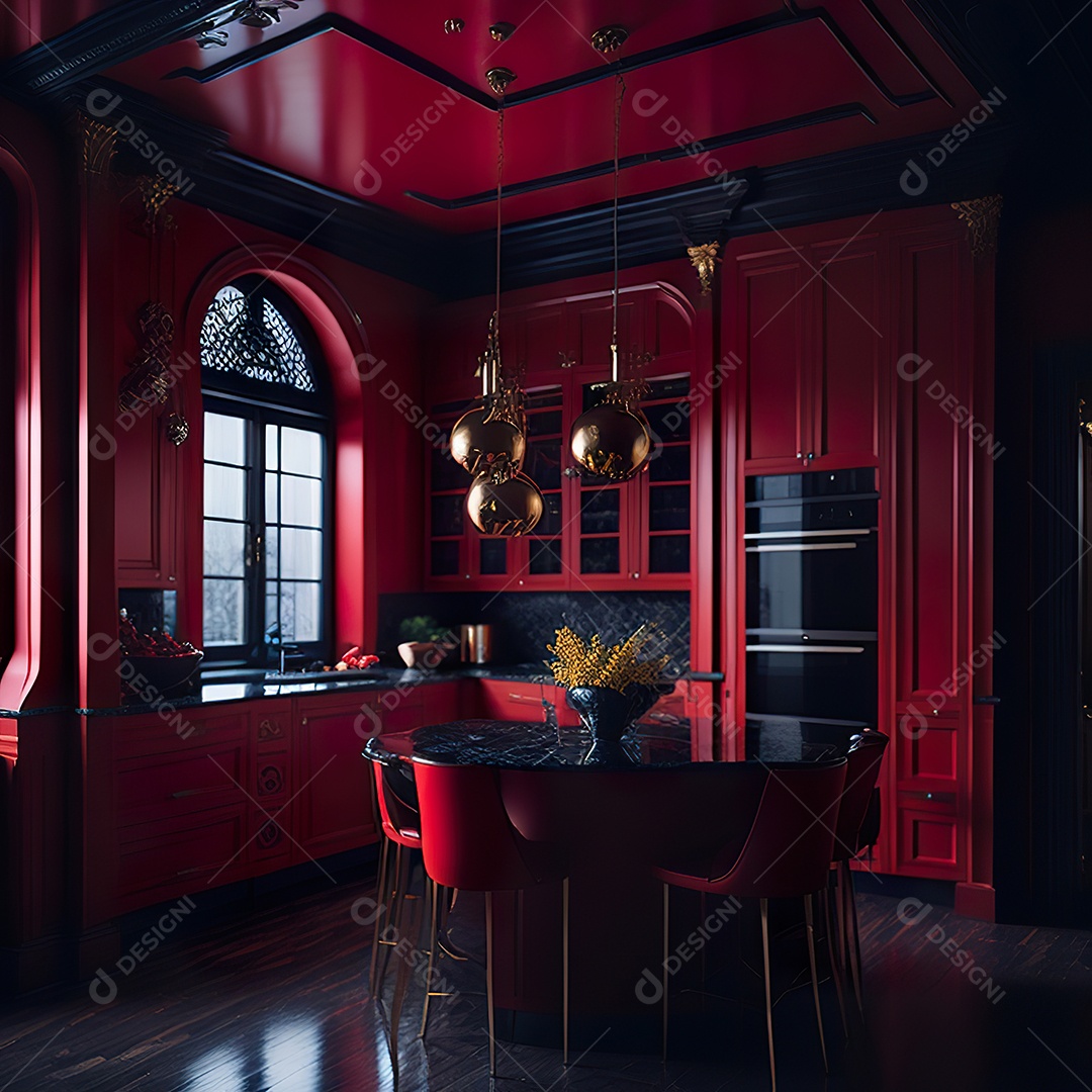 Retrato de cozinha vermelha decorada