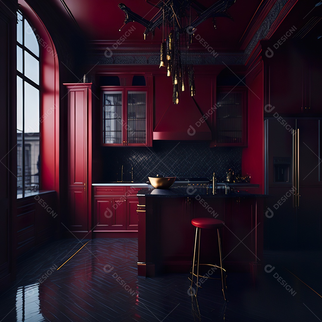 Retrato de cozinha vermelha decorada