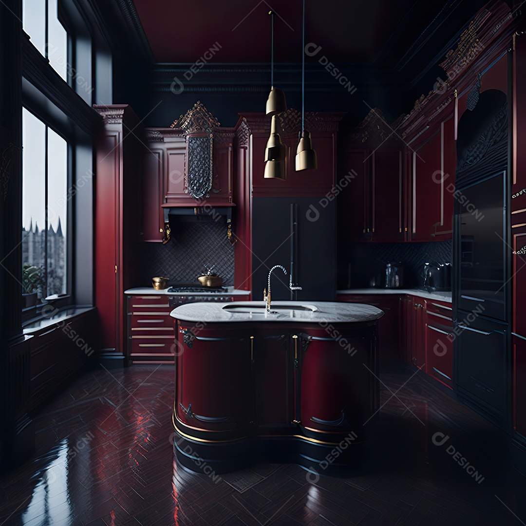 Retrato de cozinha vermelha decorada