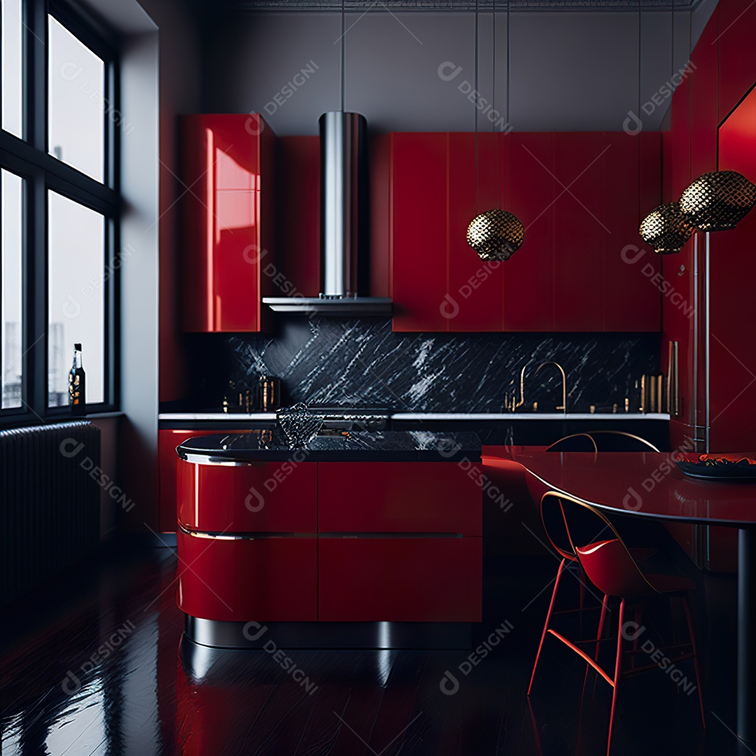 Retrato de cozinha vermelha decorada