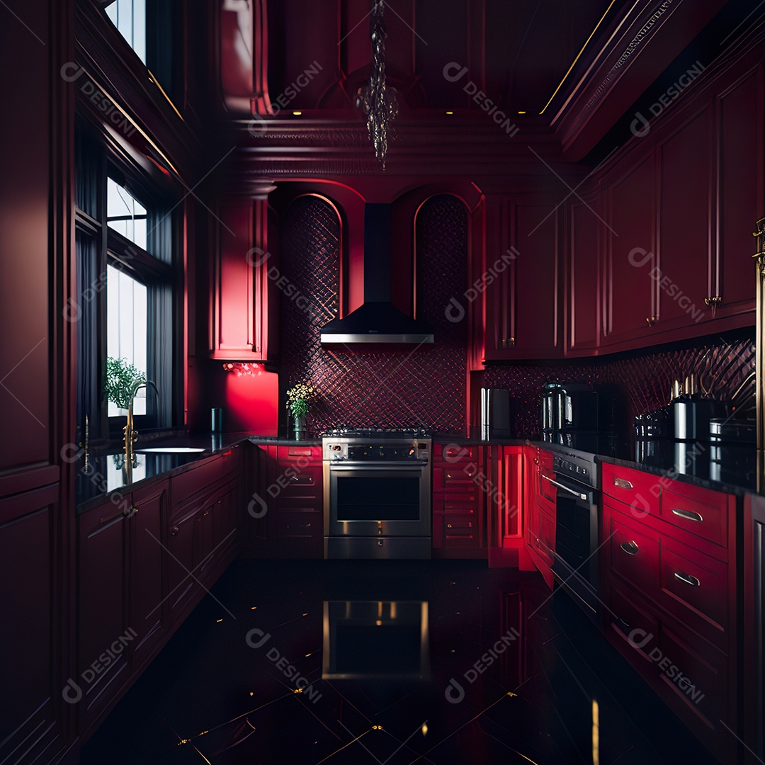 Retrato de cozinha vermelha decorada