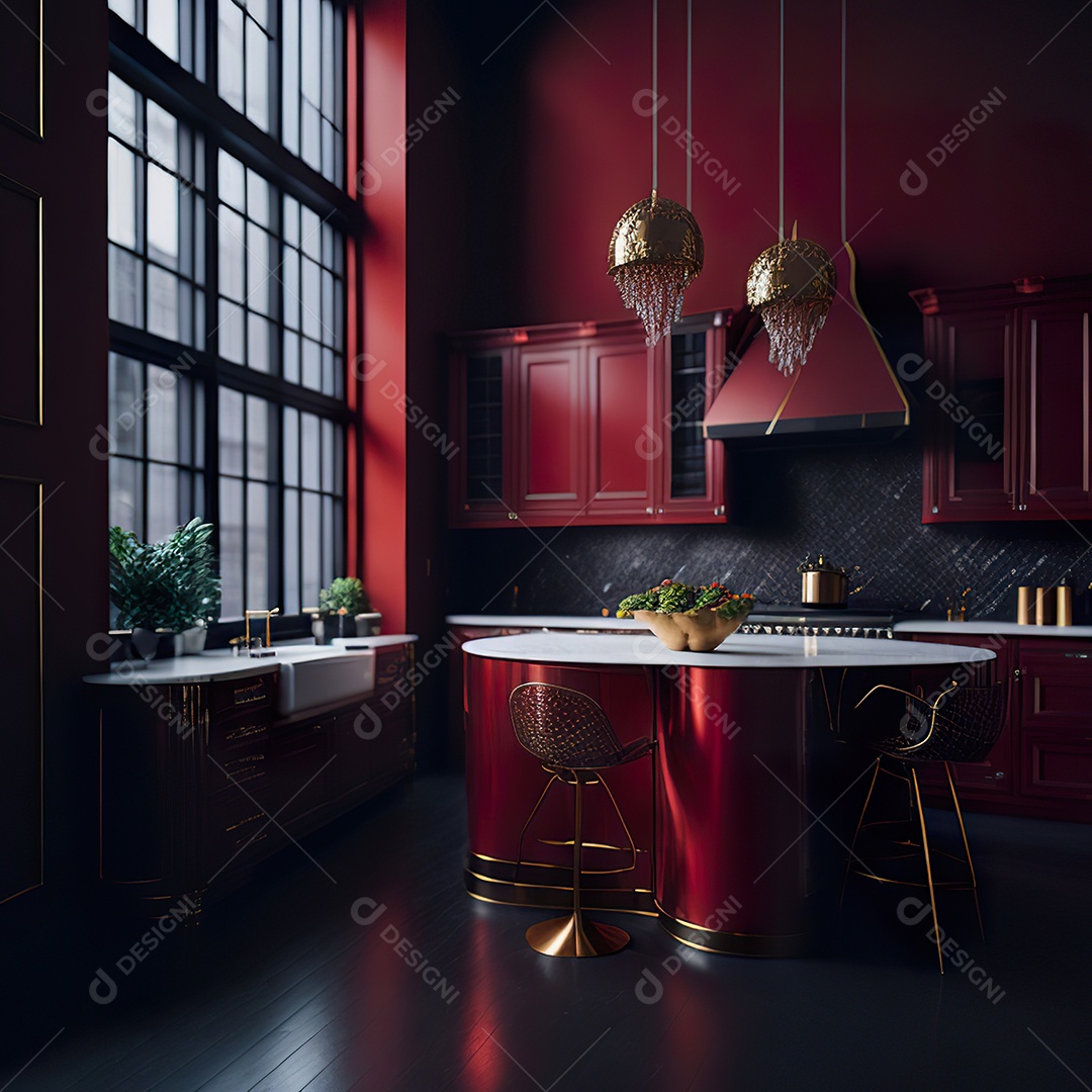 Retrato de cozinha vermelha decorada