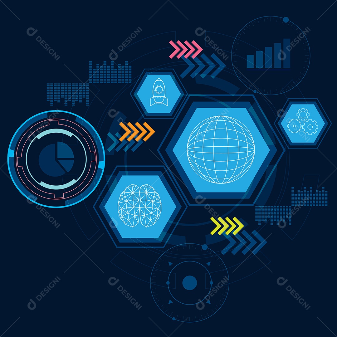 Vetor de Fundo de Conceito Digital de Foguete de Engrenagem Cerebral Mundial Vetor EPS