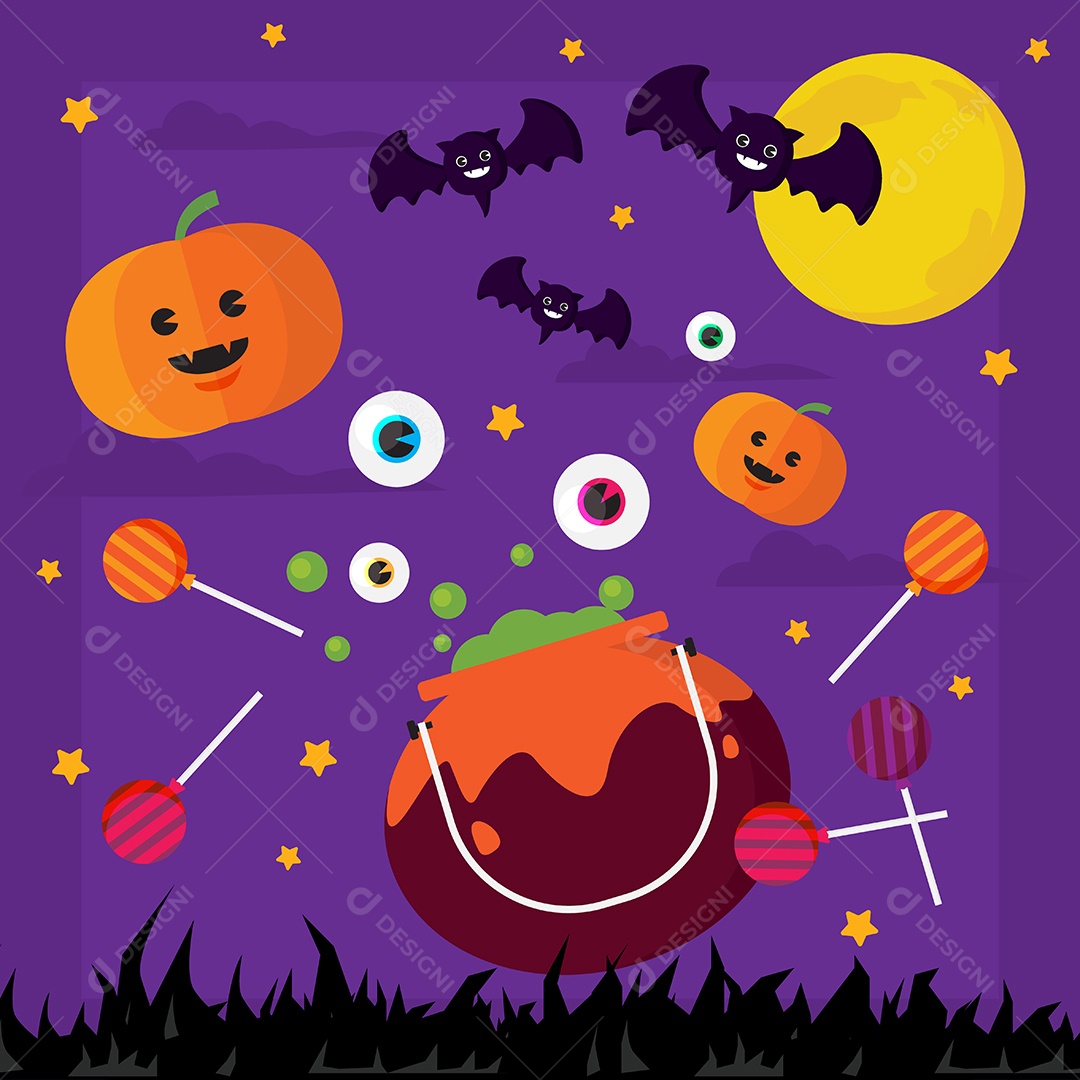 Feliz Dia das Bruxas Abóbora e Morcego Em Ilustrações de Lua Vetor EPS