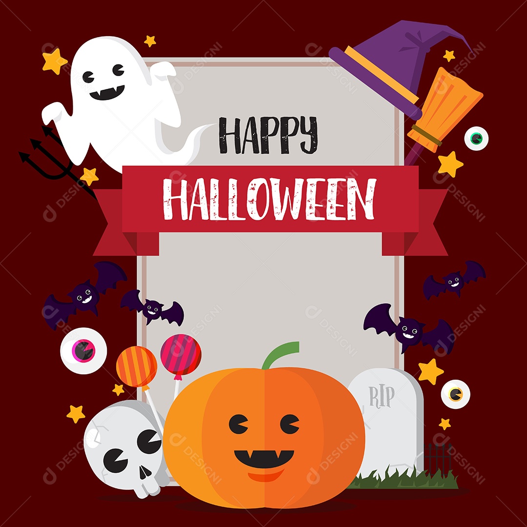 Feliz Conceito de Halloween Abóbora e Chapéu de Bruxa e Crânio na Sepultura Vetor EPS