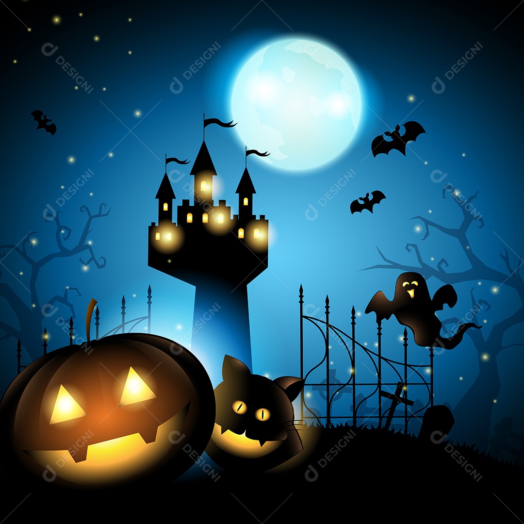 Abóbora de Halloween Com Fantasma de Gato e Castelo no Cemitério Em Grande Vetor EPS