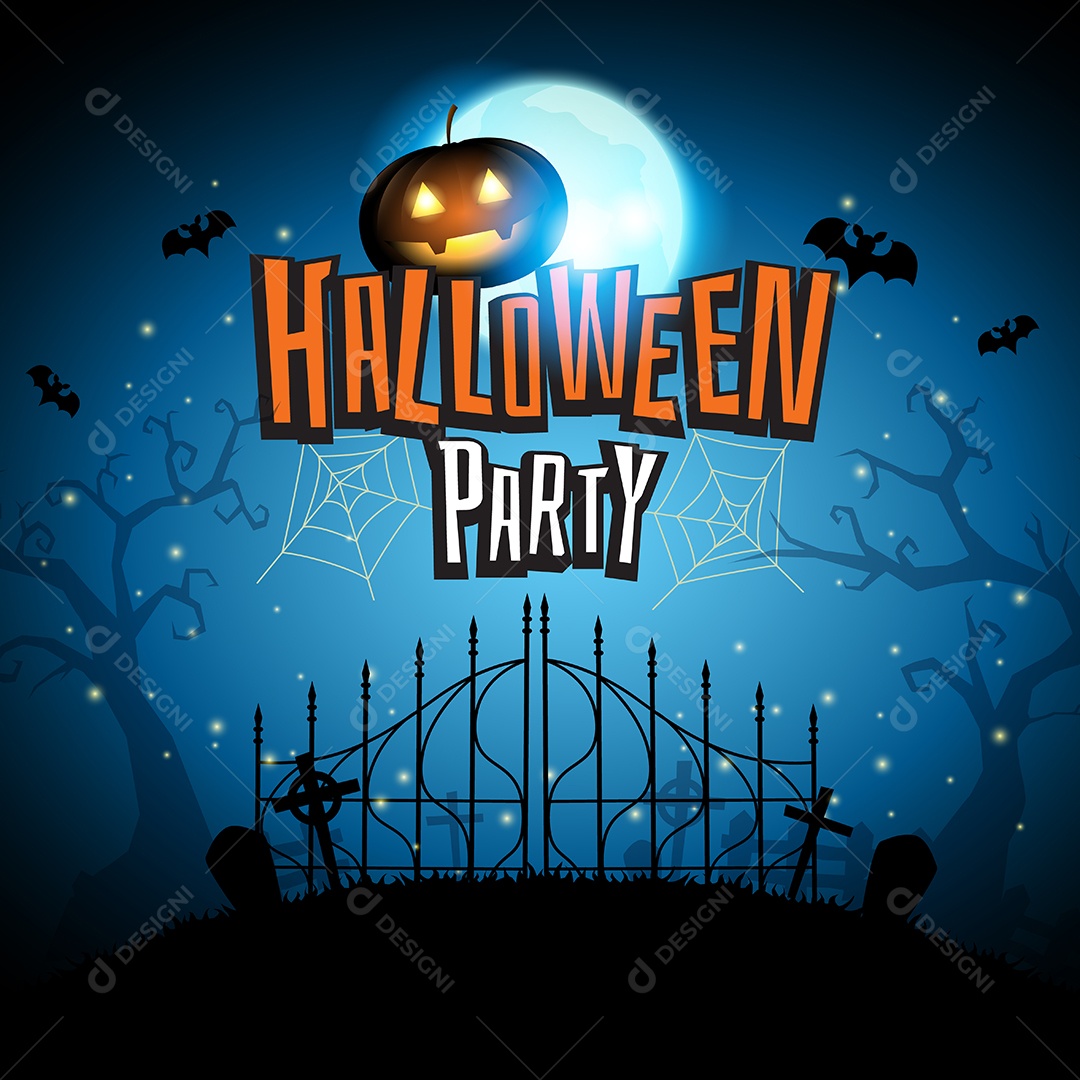 Halloween Com Morcegos de Abóboras Voam no Fundo da Lua Azul Vetor EPS